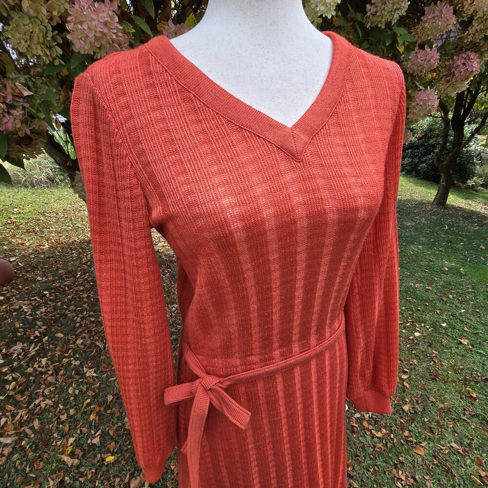 60s 70s Orange Long Sleeve Waffle Knit Dress Vintage‎ Midi Soft Belted V Neck - Picture 2 of 10